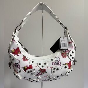 Ed Hardy White Shoulder Bag with Skull, Roses & Heart Print
